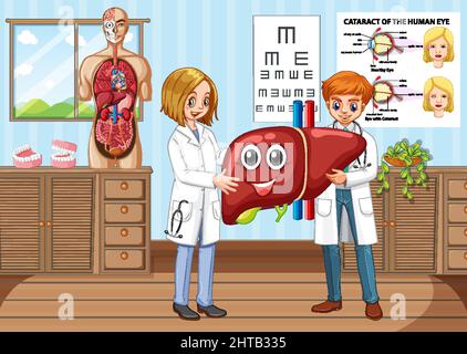 Scena della stanza con un medico che tiene il fegato nell'illustrazione di stile del cartone animato Illustrazione Vettoriale