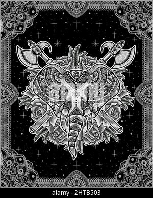 illustrazione vettore elefante testa stile mandala con fiore di rosa Illustrazione Vettoriale