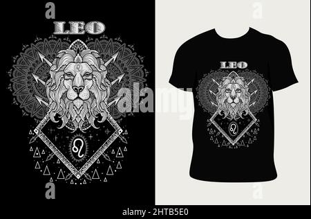 Illustrazione simbolo zodiacale Leo con disegno t shirt Illustrazione Vettoriale