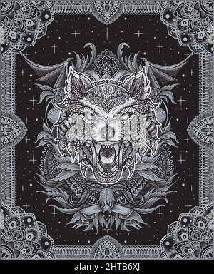illustrazione testa di lupo con ornamento da incisione vintage Illustrazione Vettoriale