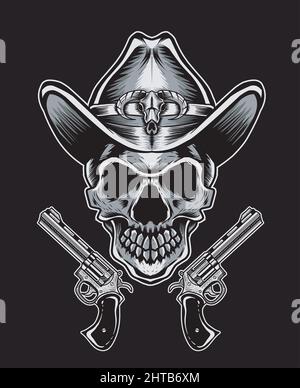 illustrazione vettore cranio cowboy con due pistole Illustrazione Vettoriale