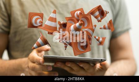 3D resa dei coni di traffico che galleggiano nell'aria con un uomo che tiene sotto di loro una tavoletta Foto Stock