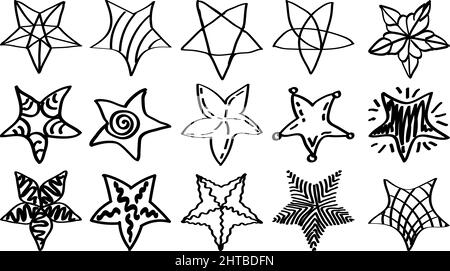 Un set di stelle colorate e simpatiche e linee fluide. Oggetti di forme, dimensioni e motivi diversi. Elementi disegnati a mano. Vettore stile Doodle Illustrazione Vettoriale