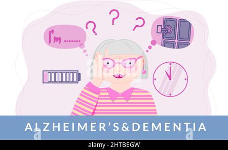 Il concetto di malattia di Alzheimer. Bella donna anziana con stress, ansia e problemi di memoria. Donna che tiene la testa. Illustrazione del vettore di stile piatto Illustrazione Vettoriale