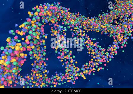 Nucleotidi ACGT nel genoma umano (molecola di DNA - doppia elica) icosaedro particolari - primo piano vista 3D illustrazione Foto Stock