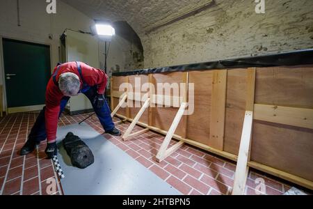 Schleswig, Germania. 20th Jan 2022. Un dipendente del laboratorio archeologico centrale della Fondazione dei Musei di Stato di Schleswig-Holstein manca parte di un relitto secolare al Castello di Gottorf. Il relitto fu scoperto nel fiume Lippe nella Renania settentrionale-Vestfalia nel 2019. Credit: Axel Heimken/dpa/Alamy Live News Foto Stock