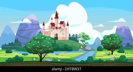 Fantasy castello paesaggio, verdi colline, alberi, primavera, fiume, montagne, panorama. Illustrazione di sfondo del cartone animato vettoriale Illustrazione Vettoriale