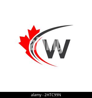 Modello di design con logo lettera W. Canadian Business Logo, Company and Sign on Red Maple Leaf with W Letter Vector Illustrazione Vettoriale