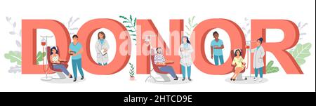 Modello banner tipografico donatore. Volontari che donano sangue in ospedale, illustrazione vettoriale. Illustrazione Vettoriale
