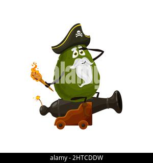 Avocado frutta vegetariana isolato veggie cibo pirata emoticon con torcia seduta sulla pistola in cappello capitano con Jolly roger. Vettore a forma di pera corsara buccaneer personaggio cartoon con barba, baffi Illustrazione Vettoriale