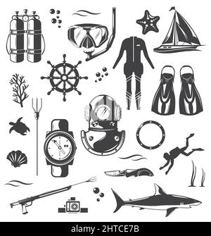 Immersioni subacquee, attrezzatura da snorkeling e set di attrezzi, illustrazione isolata vettoriale. Illustrazione Vettoriale