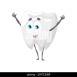 Personaggio divertente fumetto umano. Comico bianco denti personage felice sorridente e le mani ondeggianti. Divertente e allegro dente molare sano, salute orale isolato carattere vettoriale Illustrazione Vettoriale