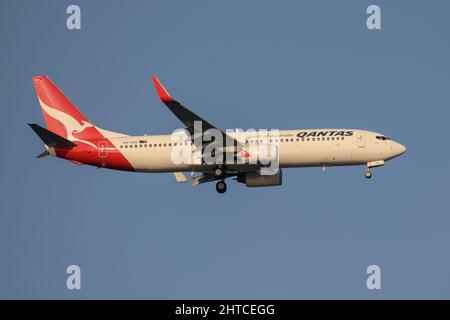 Qantas Boeing 737 arrivo a Sydney Foto Stock