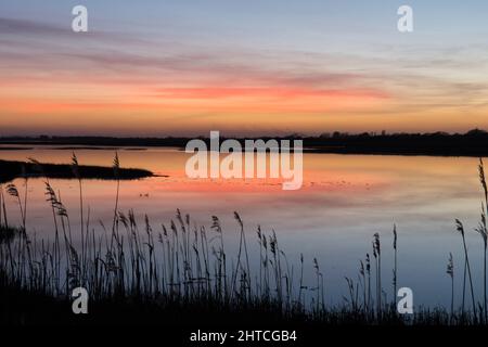 RSPB Pagham Harbour Riserva Naturale locale, crepuscolo, tramonto dalla costa orientale, inverno, gennaio Foto Stock