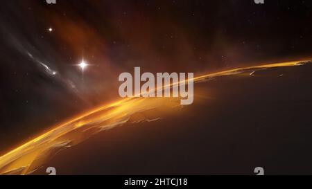3D illustrazione di un pianeta arancione che si illumina vicino alle stelle Foto Stock