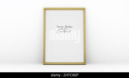 3D rappresentazione di una cornice in legno su una parete bianca con spazio per il testo Foto Stock