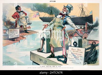 Una fine 19th secolo American Puck Magazine illustrazione di zio Sam in piedi con le sue braccia sparse su un solido bacino etichettato 'US' accanto a un segno che dichiara 'zio Sam - il costruttore di nave ristabilito con grande successo nel 1893. Navi americane per il commercio americano!!', con un enorme piroscafo sullo sfondo; attraverso un corpo d'acqua si trova John Bull in piedi, in uno stato di shock, sulla riva dell'Inghilterra, accanto ad un segno che dice 'John Bull - il vecchio costruttore affidabile di navi dal 1861. Navi per il commercio americano una specialità '. Foto Stock