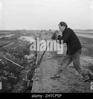 RAF Gaydon, Gaydon, Stratford-on-Avon, Warwickshire, 21/01/1953. Un uomo che lavora durante la costruzione di Gaydon Airfield, utilizzando un attrezzo a leva per rimuovere un rivetto di fissaggio dalla cassaforma che scorre lungo il bordo della pista. I lavori iniziarono alla costruzione di una pista a Gaydon Airfield all'inizio del 1952. Come parte del progetto, un'ex pista, in gran parte abbandonata dopo la seconda guerra mondiale, è stata sostituita da una pista di nuova costruzione lunga quasi 1 3/4 miglia e larga 200 piedi. Sono stati costruiti anche binari di accesso e un taxi-pista. Foto Stock