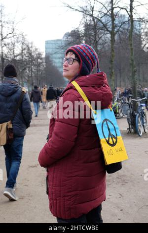 Donna matura europea protesta con segno di pace sulla bandiera blu gialla Ucraina packard sul retro. Foto Stock