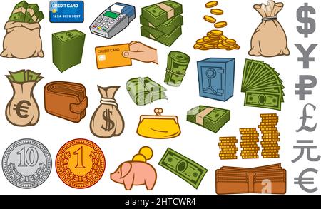 set di icone di denaro (terminale per carte di credito, borsa, cassaforte, monete impilate, banca piggy, in mattoni d'oro, portafoglio in pelle) Illustrazione Vettoriale