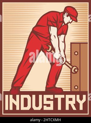 Chiave da lavoro - poster industriale (design per il giorno della manodopera) Illustrazione Vettoriale
