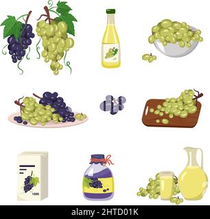 Insieme di icone di uve e prodotti. Grappoli di bacche mature con foglia e vite, succhi sani in bottiglia, brocca o bicchiere, marmellata in vaso di frutta mature, prodotto a bordo e piatto. Illustrazione piatta vettoriale Illustrazione Vettoriale