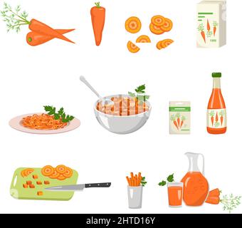 Carota icona e prodotti da esso. Cibo sano, verdure all'arancia. Fonte di vitamina A, snack dolce. Radice di carota per piante, succo in confezione, bottiglia, caraffa o bicchiere, pezzi tritati. Illustrazione piatta vettoriale Illustrazione Vettoriale