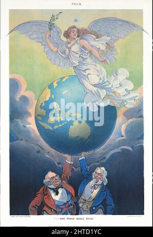 Una fine 19th secolo American Puck Magazine illustrazione di John Bull e zio Sam tenendo la terra Aloft, con un angelo di pace che vola intorno ad esso. Una evocazione del rapporto speciale tra gli Stati Uniti e la Gran Bretagna. Foto Stock