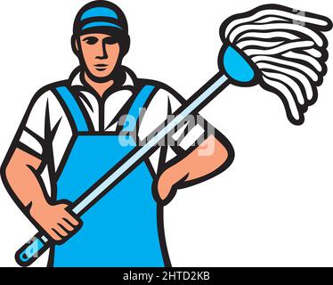 Uomo che tiene un'illustrazione del vettore del mop Illustrazione Vettoriale
