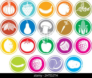 Pulsanti delle icone frutta e verdura impostati. Illustrazione vettoriale. Illustrazione Vettoriale