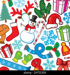 Sfondo con icone di Natale e Capodanno. Illustrazione vettoriale. Illustrazione Vettoriale