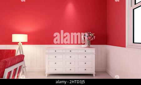 Interno del soggiorno in colore rosso per il giorno di San Valentino con spazio copia su parete vuota, rendering 3D Foto Stock