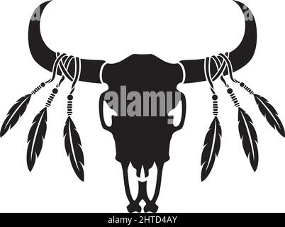 Teschi nativi americani di toro o mucca con piume (illustrazione vettoriale) Illustrazione Vettoriale