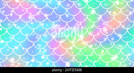 Motivo senza cuciture in scala pastello iridescente olografica a sirena. Sfondo vettoriale sfumato con lamina sfocata. Kawaii arcobaleno bokeh ologramma con azione galassica Illustrazione Vettoriale