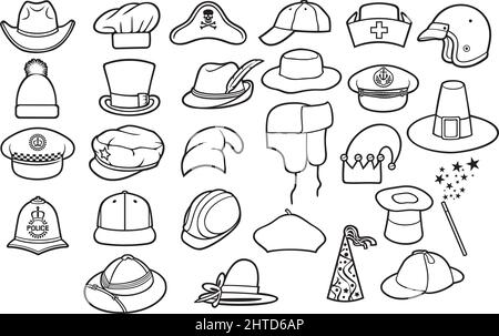 Diversi tipi di cappelli icone a linea sottile impostare illustrazione vettoriale Illustrazione Vettoriale