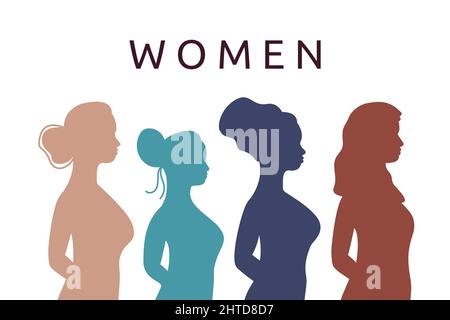 Sagome femminili in profilo. Gruppo di donne di etnie e culture diverse insieme. Testo delle donne. Illustrazione piatta vettoriale. Illustrazione Vettoriale