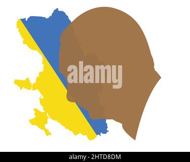 Silhouette di Putin in profilo sulla mappa dell'Ucraina sotto forma di bandiera Ucraina . Illustrazione vettoriale Illustrazione Vettoriale