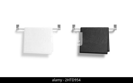 Tovagliolo bianco e nero bianco bianco sul mockup del corrimano riscaldato Foto Stock