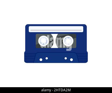 Oggetto vettoriale isolato della cassetta audio su sfondo bianco. Audiocassette blu, nastro da 80s e 90s. Illustrazione piatta di un nastro audio. Illustrazione Vettoriale