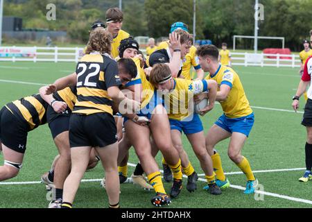 Gosforth Acadamy giocando in giallo e blu contro City of Oxford Collage al Leicester Forest Rugby Football Club,. Inghilterra, Regno Unito. Foto Stock