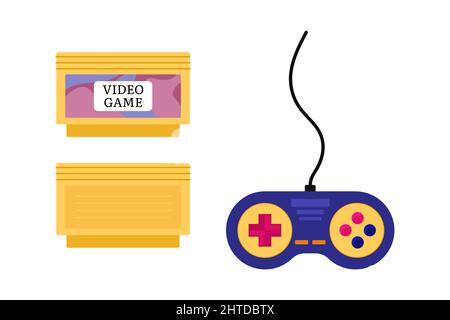 Cartuccia di gioco per console retrò. 90s joystick per videogiochi e cassetta gialla isolato. Illustrazione piatta vettoriale di oggetti di gioco passati. Illustrazione Vettoriale