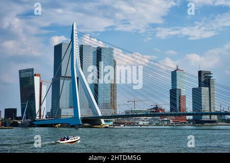 Vista del paesaggio di Rotterdam con il ponte Erasmusbrug su Nieuwe Maas e grattacieli di architettura moderna Foto Stock