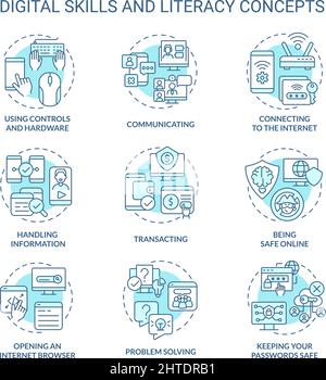 Alfabetizzazione digitale e competenze turchesi concetto icone set Illustrazione Vettoriale