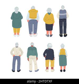 Vista posteriore di persone anziane, isolato su sfondo bianco.illustrazione vettoriale Illustrazione Vettoriale