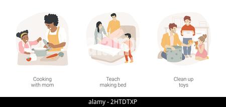 Le abilità di manutenzione della famiglia per i capretti insieme isolato di illustrazione vettoriale del cartone animato. Cucinare con la mamma, insegnare a fare letto, ripulire i giocattoli, cura del giorno a casa, istruzione domestica, aiuto cucina vettore cartone animato. Illustrazione Vettoriale