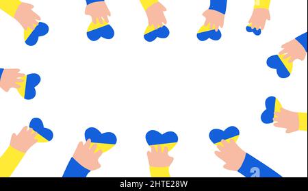 Le mani dei bambini tengono i cuori in blu e giallo, facendo il cerchio. Amore Ucraina concetto. Posiziona testo puntato, sfondo vettoriale. Illustrazione Vettoriale