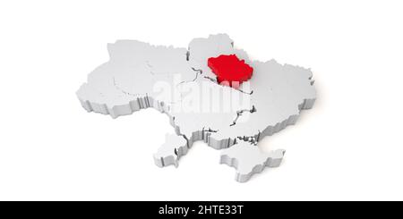 3D carta dell'Ucraina che mostra la regione di Poltava in rosso. 3D rendering Foto Stock