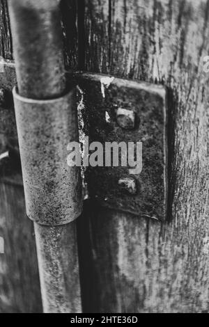 Primo piano verticale in scala di grigi di una cerniera in metallo su una porta in legno Foto Stock