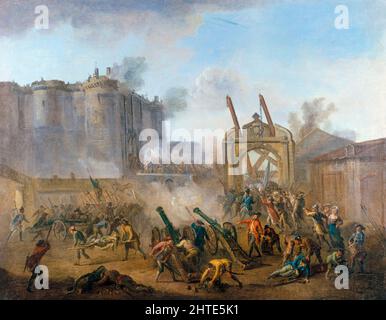 The Storming of the Bastille, 14th 1789 luglio, dipinto a olio su tela di Jean-Baptiste Lallemand, 1789 Foto Stock