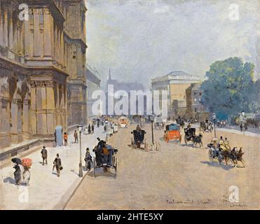 Londra vittoriana: Parliament Street, Londra, fine 19th secolo petrolio su quadro di scena di strada di Paolo Sala, prima del 1899 Foto Stock